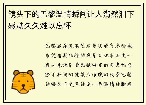 镜头下的巴黎温情瞬间让人潸然泪下感动久久难以忘怀