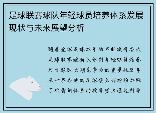 足球联赛球队年轻球员培养体系发展现状与未来展望分析