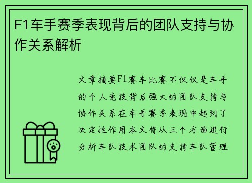 F1车手赛季表现背后的团队支持与协作关系解析