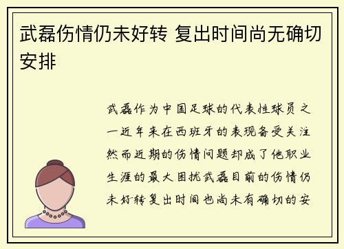 武磊伤情仍未好转 复出时间尚无确切安排